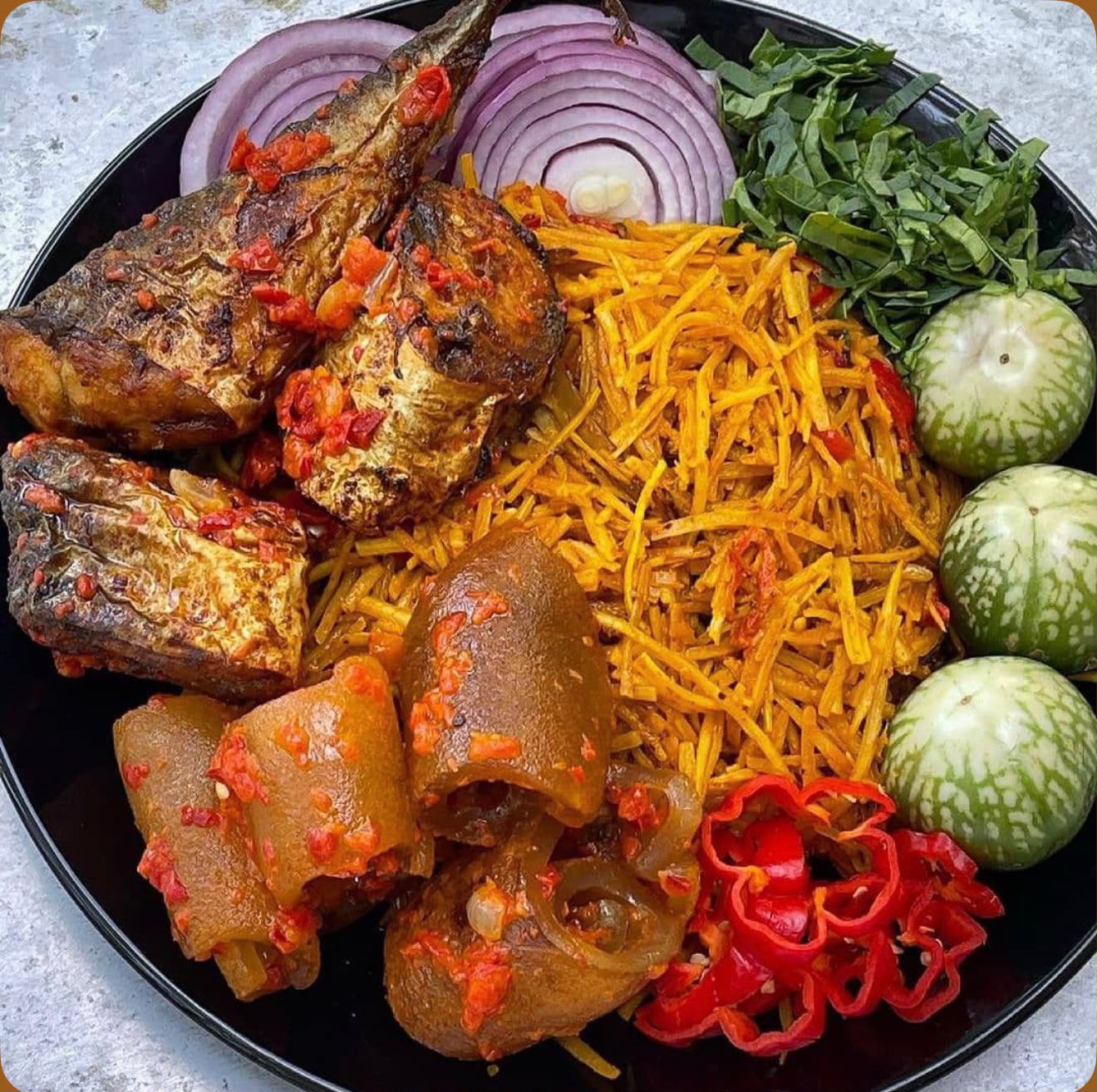 Abacha ( African salad) Paired with fried macrel fish & kpomo